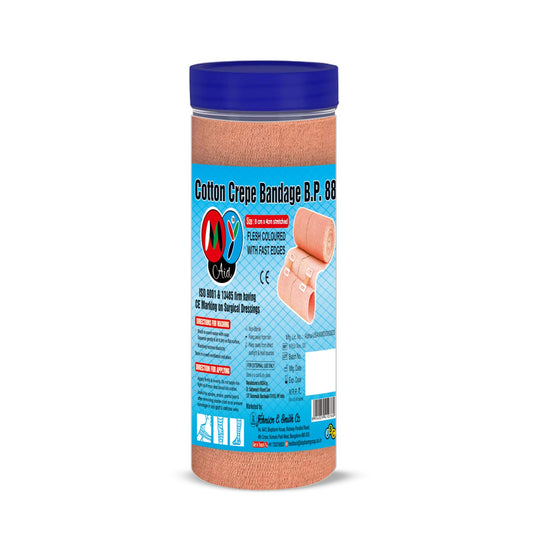 MY AID Pain Relieve Cotton Crepe Bandage With Fast Edge For Sports Injury, Knee & Wrist, Ankle Sprains & Swelling - (8 x 4 cm) Pack of 1