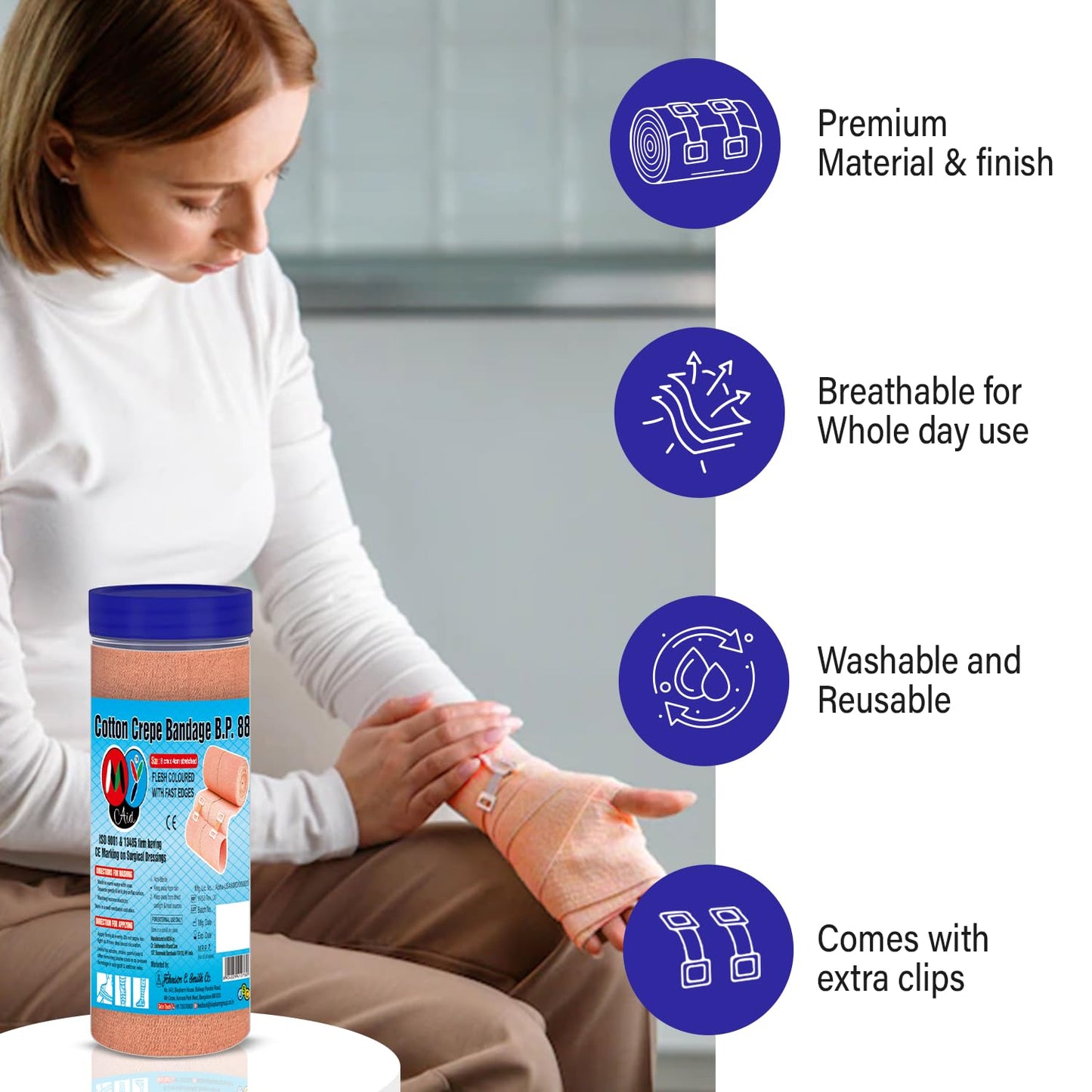 MY AID Pain Relieve Cotton Crepe Bandage With Fast Edge For Sports Injury, Knee & Wrist, Ankle Sprains & Swelling - (8 x 4 cm) Pack of 1
